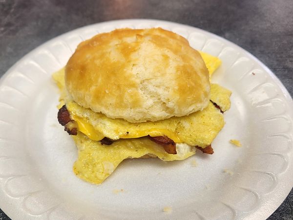 Bacon, egg, and cheese biscuit on a plate
